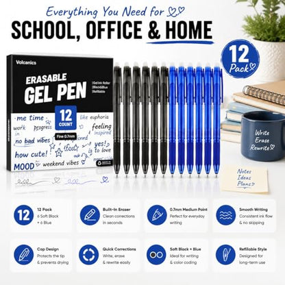 Volcanics Erasable Gel Pens, 0.7mm Fine Point Gel Erasable Ink Pens with Eraser - Rocket Book Pens, Soft Black and Blue, 12 Pack, Smooth Writing Pens Pencil-Like Precision for Home School & Office - color: Black and Blue, size: 1 Count (Pack of 12)