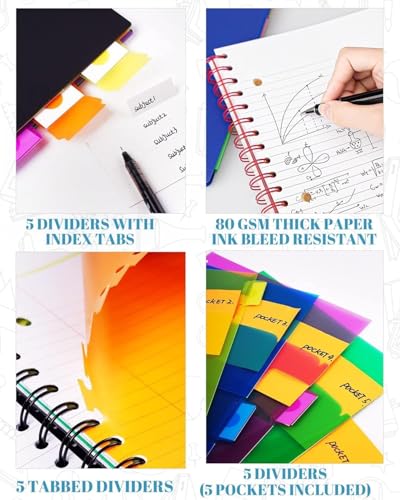 5-Subject Spiral Notebook, College Ruled, with Pocket & Tab Dividers | 300 Pages, 11" Ruler, 8.5"x11" Babyblue, Pocket Dividers with Tab Labels, for Writing Journal, Home, Office & School Supplies - color: Babyblue(300 page)
