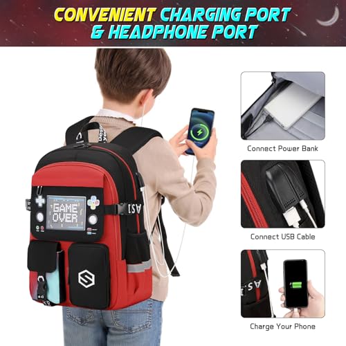 Scothen Boys Backpack, Cool Luminous School Backpacks for Boys with Lunch Bag Pencil Case, Kids Backpack Kindergarten Elementary Middle School Book Bags for Teen Boy Children with USB Charging Port - color: Red