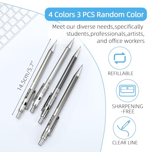 deli 0.5mm Metal Mechanical Pencil Set, 3 PCS Mechanical Pencils with 3 Tubes 2B Lead Refills and 3 Erasers, Writing & Drawing Pencil Kit for Back to School Stationery Supplies(Random Color) - color: 0.5mm