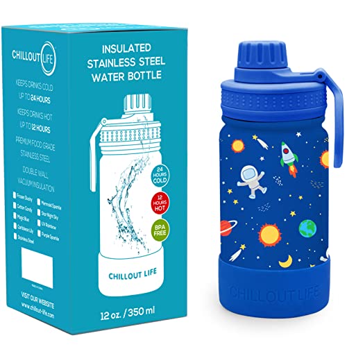 CHILLOUT LIFE 12oz Kids Insulated Stainless Steel Water Bottle with Leak Proof Spout Lid & 144 Stickers - color: Blue Space, style: 12 oz