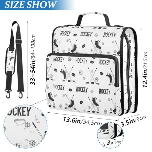 Zipper Binder Bag 3 Ring File Folder Portfolio Organizer Zippered Binder Bags with Strap Fits Laptop Women Men - color: Ice Hockey Black