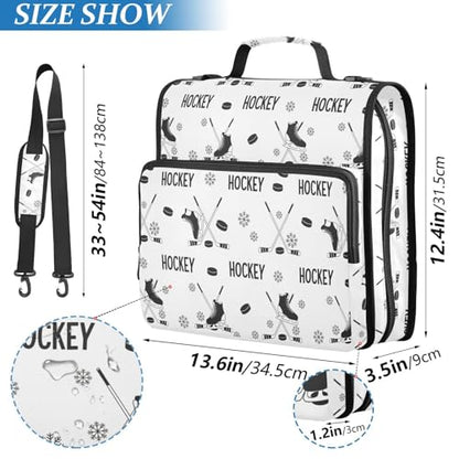 Zipper Binder Bag 3 Ring File Folder Portfolio Organizer Zippered Binder Bags with Strap Fits Laptop Women Men - color: Ice Hockey Black