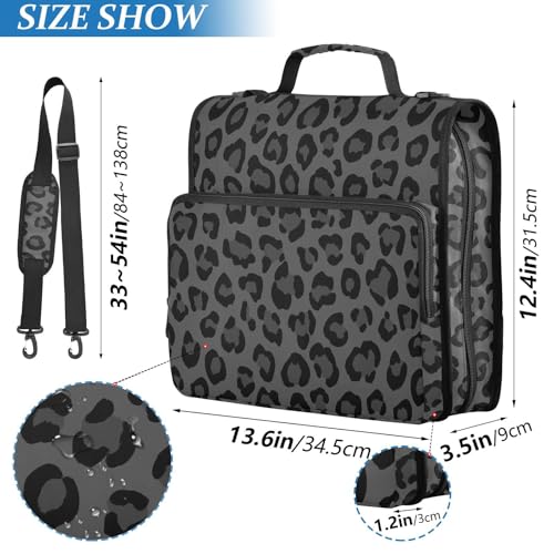 Leopard Gray Black Pattern 3 Ring Zipper Binder with Shoulder Strap & Handle 1.5 Inch D-Ring Zippered Bag with Pencil Pouch,Expanding File Folder, Binder Organizer for School or Office - color: Leopard Gray Black