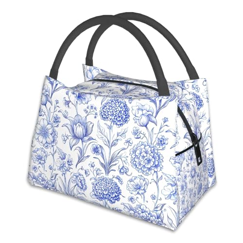 Insulated Lunch Bag,Blue White Floral Large Capacity Lunch Box for Women,Cute Vintage Flower Portable Tote Bags Thermal Insulation Cooler for Students Adults School Work - color: Blue White Floral