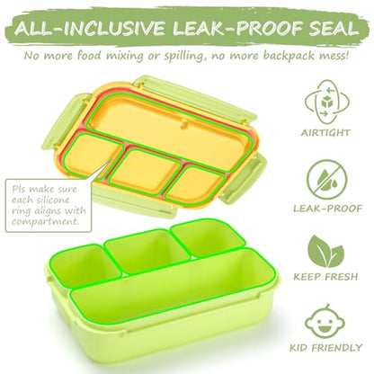 QQKO Bento Box for Kids Adults, School Toddler Lunch Box for Boys Girls, Lunch Box Containers with 4 Compartments, Sauce Container, Utensils, Food Picks and Muffin Cups for School, Pink Yellow Green - color: Pink Yellow Green