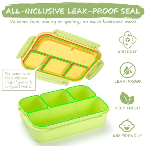QQKO Bento Box for Kids Adults, School Toddler Lunch Box for Boys Girls, Lunch Box Containers with 4 Compartments, Sauce Container, Utensils, Food Picks and Muffin Cups for School, Pink Yellow Green - color: Pink Yellow Green