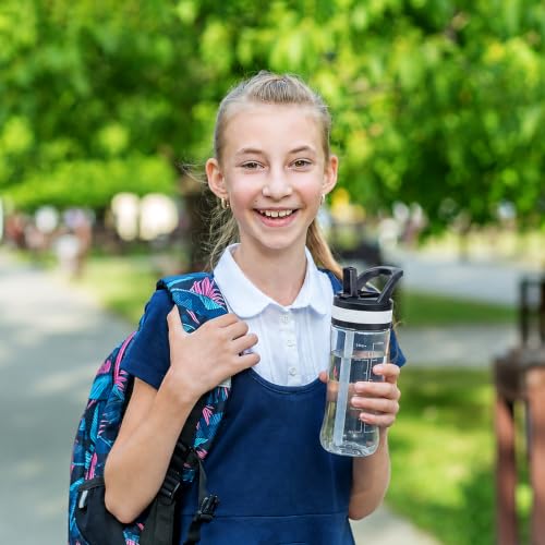 14oz Clear Kids Water Bottle with Straw Lid, BPA-Free Tritan, Measurement Scale, Sturdy Handle Wide Mouth Leak-proof Reusable Plastic Bottle for Boy& Girls, Back to School（Clear） - color: Clear