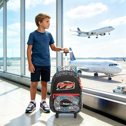 Kids Rolling Backpack for Boys 16.5" School Roller Backpack with Lunch Box, Toddler Backpacks with Wheels Rollig Wheeled Backpacks for Elementary School - color: Black Car