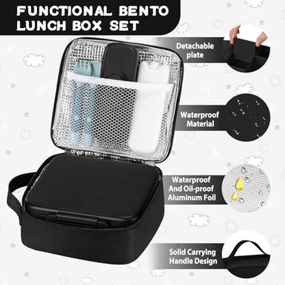 MAISON HUIS Bento Lunch Box with 8oz Soup Thermo and Insulated Lunch Bag, Kids Leakproof Lunch Food Containers with 5 Compartment, Boys Girls Thermo Hot Food Jar for Travel, School, BPA Free (Black) - color: Black1