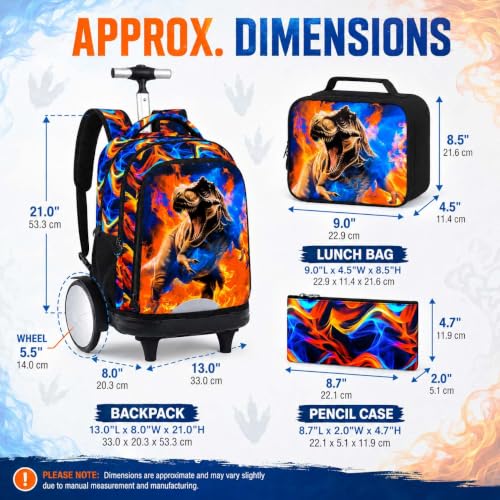 UFNDC Big Wheel Rolling Backpack for Boys, Water-Resistant Wheeled School Bag with Lunch Box & Pencil Case, 3-Pack Kids Roller Bookbag Travel Set - Fire Dinosaur - color: Rolling Backpack Fire Dinosaur Orange