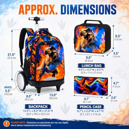 UFNDC Big Wheel Rolling Backpack for Boys, Water-Resistant Wheeled School Bag with Lunch Box & Pencil Case, 3-Pack Kids Roller Bookbag Travel Set - Fire Dinosaur - color: Rolling Backpack Fire Dinosaur Orange