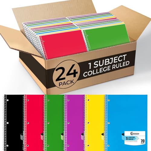 Rosmonde Spiral Notebook, 24 Pack, 1 Subject, College Ruled, 70 Sheets | Bulk College Ruled Spiral Notebook for School, 8 x 10-1/2", 3 Hole Punched, Single Subject Notebook Bulk, Assorted Colors - size: 24 Pack, style: 1 Subject - Soft Cover