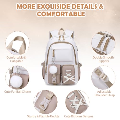 ACESAK Kids School Backpack for Girls, 4-In-1 Bookbag Backpack Set with 14OZ Insulated Kids Water Bottle (Beige Khaki) - color: Off-white-to-khaki Gradient