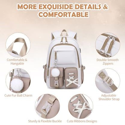 ACESAK Kids School Backpack for Girls, 4-In-1 Bookbag Backpack Set with 14OZ Insulated Kids Water Bottle (Beige Khaki) - color: Off-white-to-khaki Gradient