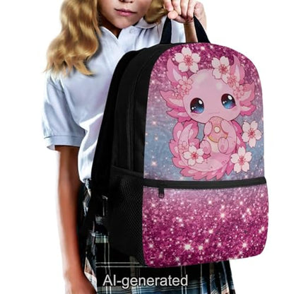 Kawaii Axolotl Kids Backpack School Set 5 Pieces with Lunch Bag Pencil Case and Water Bottle Holder Large Capacity Bookbag for Students - color: Kawaii Axolotl