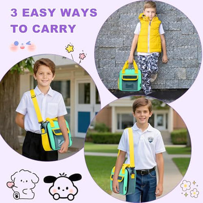 Lunch Box for Kids, Large Double-Insulated Lunch Bag for Boys, Cooler Bag Back to School Thermal Reusable, Cute Preppy Students Lunch Tote Pail with Water Bottle Holder, Blue & Green
