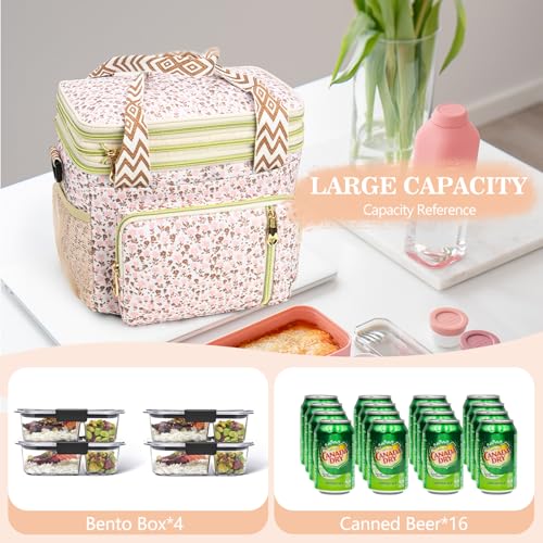 LOKASS Lunch Box for Women-16L-Insulated Lunch Bag Women, Expandable Double-layer Leakproof Cooler Bag with Upgrade Adjustable Shoulder Strap Ideal for Work/Travel/Picnics（White Flower） - color: White Flower