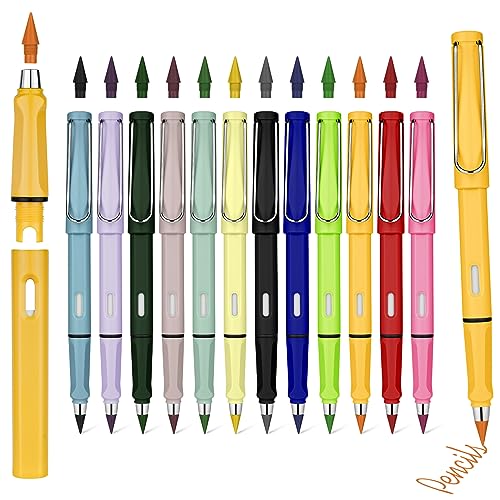 Ainiv Colored Inkless Pencil, 12 Sets No Sharpen Infinity Pencil Reusable Everlasting Pencils with Extra 12 Color Replaceable Nibs Forever Pencils for Writing Drawing Home Office Supplies - color: 12 Sets Colorful