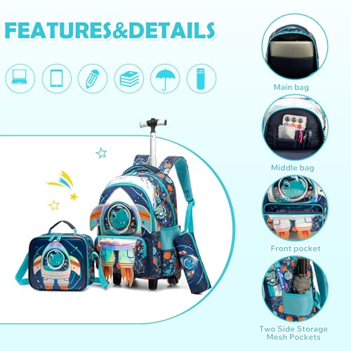 Kids Rolling Backpack for Boys Space Shuttle Trolley Suitcases Luggage with Wheels Bookbag Wheeled 3pcs Preschool Students Elementary Teenagers Lunch Box Pencil Case Blue for Age 5-10 - color: Blue-0201-houjian