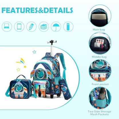 Kids Rolling Backpack for Boys Space Shuttle Trolley Suitcases Luggage with Wheels Bookbag Wheeled 3pcs Preschool Students Elementary Teenagers Lunch Box Pencil Case Blue for Age 5-10 - color: Blue-0201-houjian