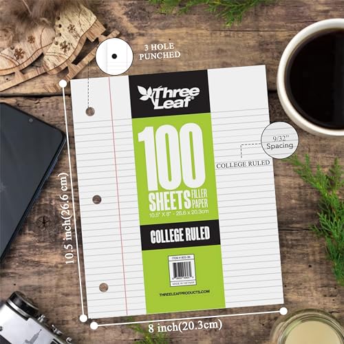 THREE LEAF 100 Sheets FILLER PAPER 10.5x8, College Ruled Paper, 3 Hole Punch, Loose Leaf Notebook Paper for 3 Ring Binders, for School Supplies, Journal, Assignment, Notes white Sheet.… (Pack of 36)