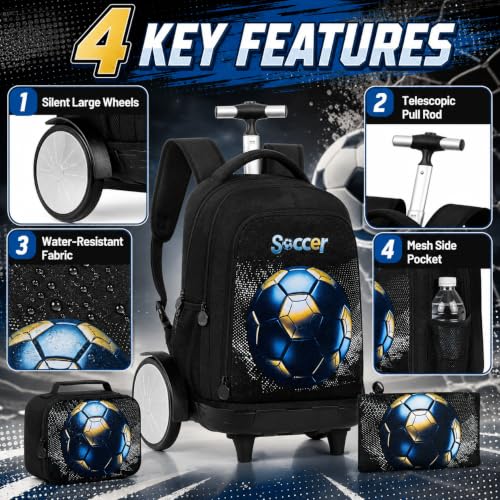 gxtvo Large Wheels & Quiet Glide | Rolling Backpack for Kids - Water-Resistant Wheeled Bag with Lunch Box for School, Travel & Outings - Black Gold Soccer - color: Rolling Backpack Gold Soccer Black