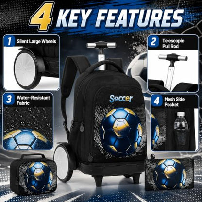gxtvo Large Wheels & Quiet Glide | Rolling Backpack for Kids - Water-Resistant Wheeled Bag with Lunch Box for School, Travel & Outings - Black Gold Soccer - color: Rolling Backpack Gold Soccer Black