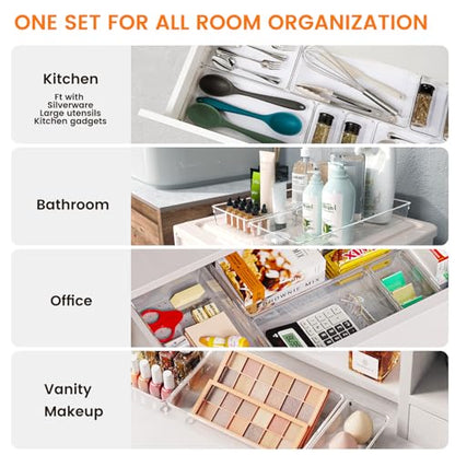 Criusia 16 Pack Large Clear Plastic Drawer Organizer Bins - 5 Size Acrylic Bathroom and Vanity Organizers and Storage Trays for Makeup Office Home, Kitchen Drawer Organizer for Utensils, Gadgets - size: 16 Pack
