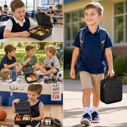 Itslife Bento Lunch Box for Kids with 8oz Soup Thermo&Lunch Bag, Leak-Proof Lunch Food Containers with 4 Compartment, Hot Food Insulated Food Jar for Kids School (Black) - color: Black