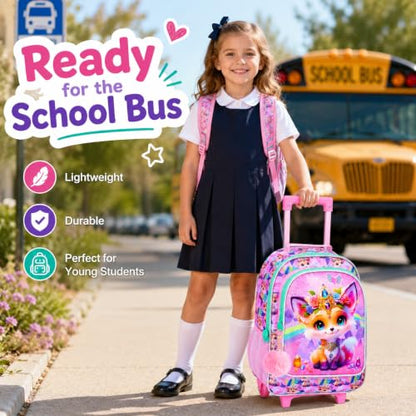3Pcs Rolling Backpack for Girls, Fox Roller Bookbag with Lunch Box, Kids School Backpacks with Wheels for Elementary Preschool(Yellow) - color: Fox Yellow