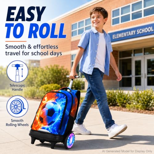 AGSDON Quiet Rolling Backpack with Lunch Box Set – Large Luminous Wheel Water‑Resistant Wheeled Bag for School, Outings, and Travel | Fire-Lightning Soccer 3‑Piece Organizer Backpack - color: Large Luminous Wheel Rolling Fire-lightning Soccer