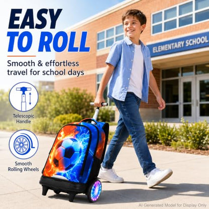 AGSDON Quiet Rolling Backpack with Lunch Box Set – Large Luminous Wheel Water‑Resistant Wheeled Bag for School, Outings, and Travel | Fire-Lightning Soccer 3‑Piece Organizer Backpack - color: Large Luminous Wheel Rolling Fire-lightning Soccer