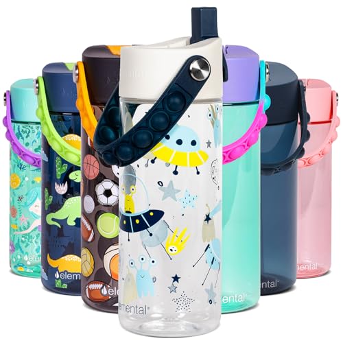 Elemental Water Bottles for Kids - Splash Kids Water Bottle for School with Pop-it Handle - BPA Free Tritan Plastic Water Bottle with Straw Leak Proof when Spout is Closed - Alien Invasion - 18oz - color: Alien Invasion