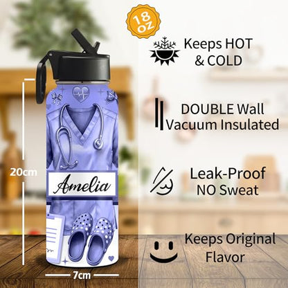 Custom Nurse Water Bottle Personalized Stainless Steel Insulated with Lid 18/32oz Customized Name Nurse Gifts for Women Nurses Nursing Graduation Nurse Week Birthday Healthcare Worker - color: Design-5