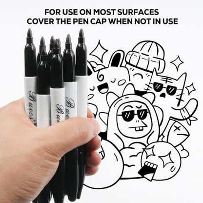 Buecs Permanent Markers, 60 Count Black Permanent Markers, Fine Point, Waterproof & Smear Proof Markers, Quick Drying, Office Supplies for School, Office, Home