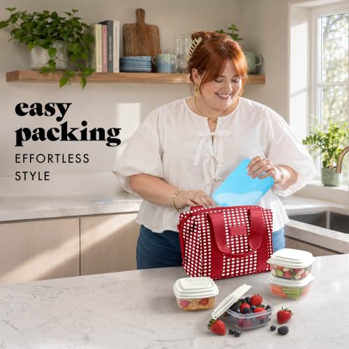 Fit & Fresh Remi Lunch Bag for Women Work – Neoprene Lunch Tote with Containers & Ice Pack, Reusable Meal Prep Lunch Box, Large Capacity, Machine Washable - color: Red Gingham