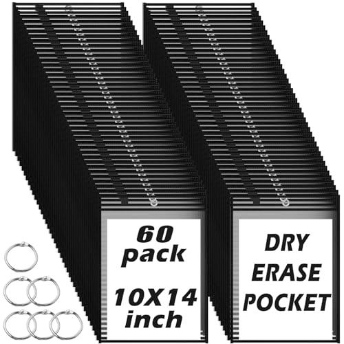60 Packs Dry-Erase Pockets Bulk Oversized Reusable Dry Erase Pocket Sleeves with 4 Rings, 10x14 Black Ticket Holders, Clear Plastic Sheet Protectors, Teacher School Classroom Supplies - color: Black, size: 10 X 14"-60 PCS