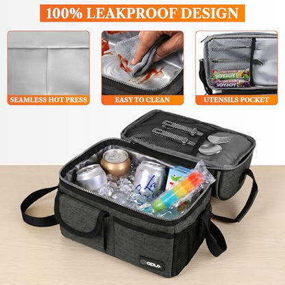opux Insulated Lunch Bag Women Men, Dual Compartment Leakproof Lunch Box Adults Kids, Double Decker Meal Prep Bento Lunch Cooler Tote with Shoulder Strap for Work Office School Travel, Dark Gray - color: Heather Charcoal