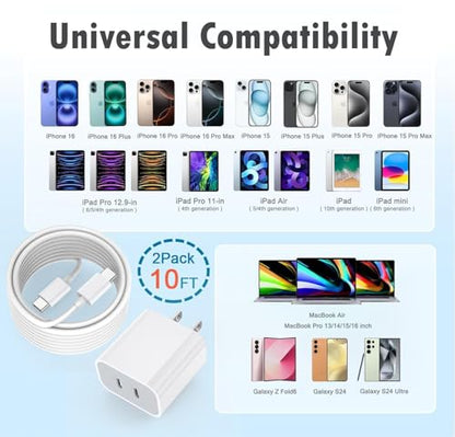 Fast Charger for iPhone 16,2Pack PD USB C iPhone Charger Dual USB C Port Charger Block with 10 Foot Long USBC to C Charger Cable Cord. Compatible with iPhone 16/16 Pro/15 Pro Max,iPad Pro/Air/Mini - size: 10FT