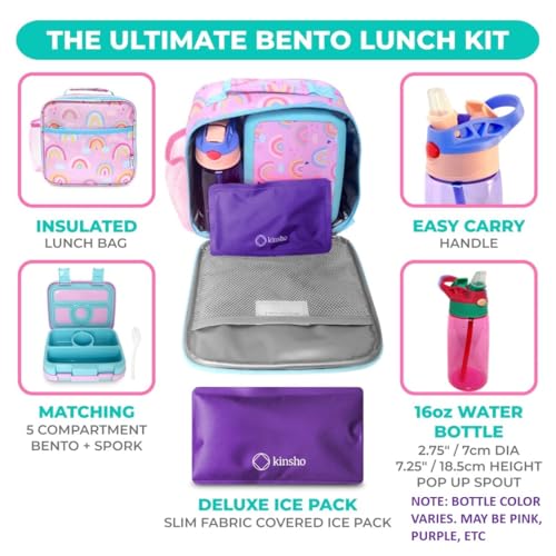 Bento Lunch Box with Insulated Bag, Water Bottle & Ice Pack Set for Kids Toddlers, 4 Portion Sections, Removable Tray, Pre-School Girl Kid Toddler Daycare Lunches, Snack Container, Purple Rainbow - color: Rainbow Set