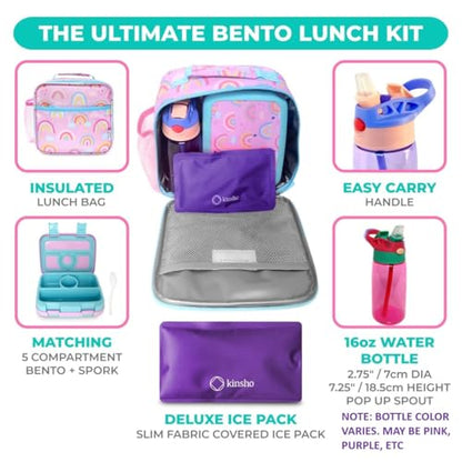 Bento Lunch Box with Insulated Bag, Water Bottle & Ice Pack Set for Kids Toddlers, 4 Portion Sections, Removable Tray, Pre-School Girl Kid Toddler Daycare Lunches, Snack Container, Purple Rainbow - color: Rainbow Set