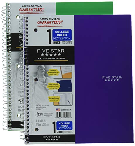 Five Star Spiral Notebooks Plus Study App, 2 Pack, 1-Subject, College Ruled Paper, 11" x 8-1/2", 100 Sheets, Forest Green, Amethyst Purple (38451) - color: Green, Purple, size: 11" x 8-1/2", 100 Sheets, 2 Pack