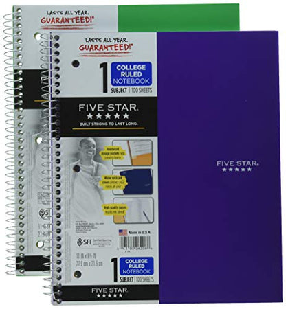 Five Star Spiral Notebooks Plus Study App, 2 Pack, 1-Subject, College Ruled Paper, 11" x 8-1/2", 100 Sheets, Forest Green, Amethyst Purple (38451) - color: Green, Purple, size: 11" x 8-1/2", 100 Sheets, 2 Pack