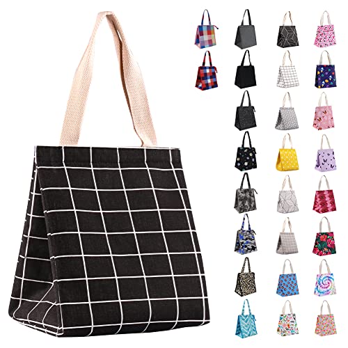 iknoe 9L Insulated Lunch Bag for Women and Men, Black Plaid Tote | Lightweight 0.3 lb, compact foldable design, aluminum foil interior, velcro closure, wide opening, for meals, snacks, office - color: Black Plaid, size: Velcro Closure