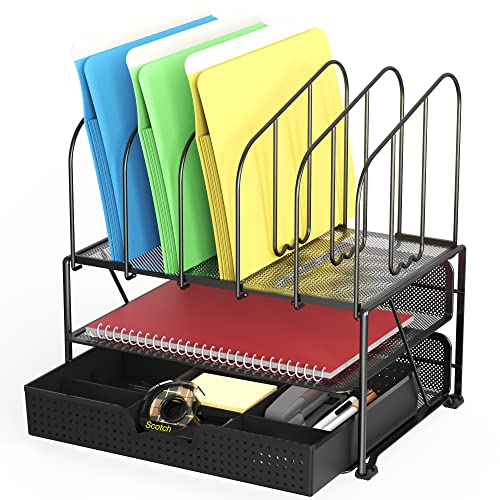 Deco Brothers Mesh Desk Organizer with Double Tray, 5 Upright Sections and Sliding Drawer, Black | Sliding Drawer with Adjustable Dividers, Black - color: Black