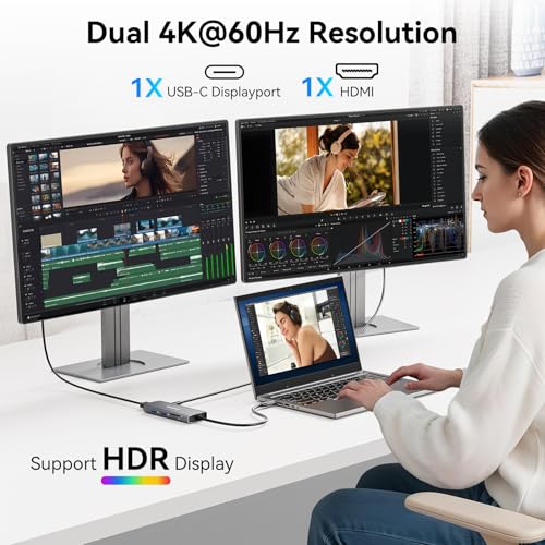 USB C Video Output Hub, 3 USB-C & 2 USB-A 3.2 10Gbps Ports, 4K@60Hz HDMI, 100W PD, SD/TF, USBC Splitter Dual Monitor Adapter for MacBook Pro/Air, iMac, iPad Pro, XPS, Surface, Galaxy S22,Samsung DEX