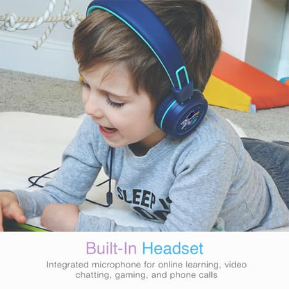 MEE audio KidJamz KJ55 Wired Children’s Headphones with 3.5mm Plug, Colorful Graphics, Volume Limiter & Microphone, Adjustable On-Ear Kids Headset for Online Learning/School/Travel/Tablet (Blue) - color: Blue, style: Standard