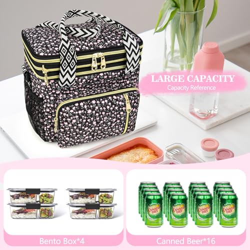 LOKASS Lunch Box for Women-16L-Insulated Lunch Bag Women, Expandable Double-layer Leakproof Cooler Bag with Upgrade Adjustable Shoulder Strap Ideal for Work/Travel/Picnics（Black Flower） - color: Black Flower