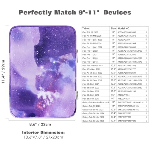 MoKo 9-11 Inch Tablet Sleeve Bag Carrying Case Fits New 11inch iPad Air M4, iPad A16 2025, iPad Pro 11 M4, Air 5/4/3, iPad 10/9/8th Gen, Tab S8/S9 11", Tablet Carrying Case, Purple Starry Sky - color: Purple Starry Sky, size: 9-11 inch